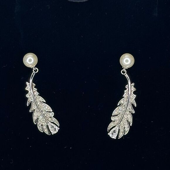 Swarovski Jewelry - Swarovski Feather Drop Earrings with Pearl Accent | Silver Tone CZ Style 5496052